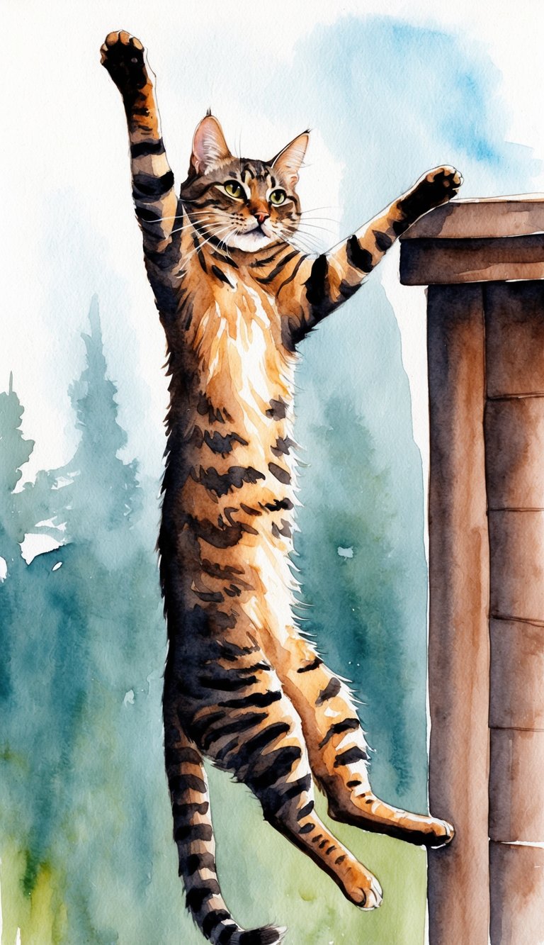 A cat falling from a height, legs twisting as it tries to land on its feet