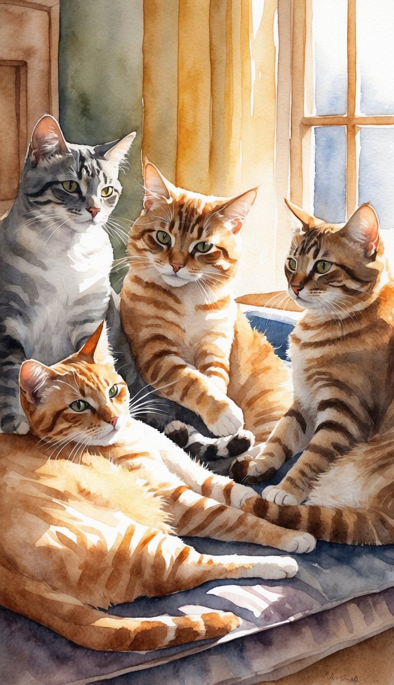 Multiple cats lounging and grooming each other in a cozy, sunlit room