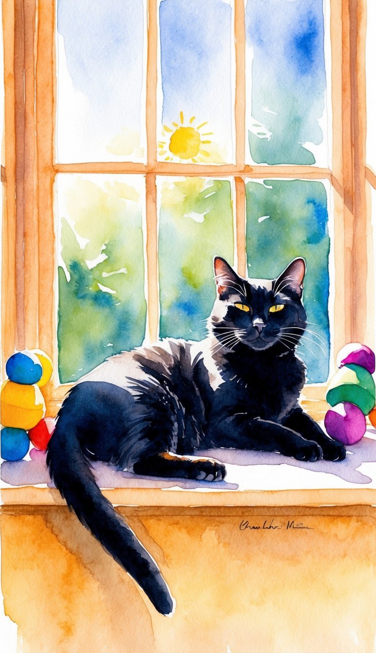 A black cat lounges contentedly on a sunny windowsill, surrounded by colorful toys and basking in the warmth of the sun