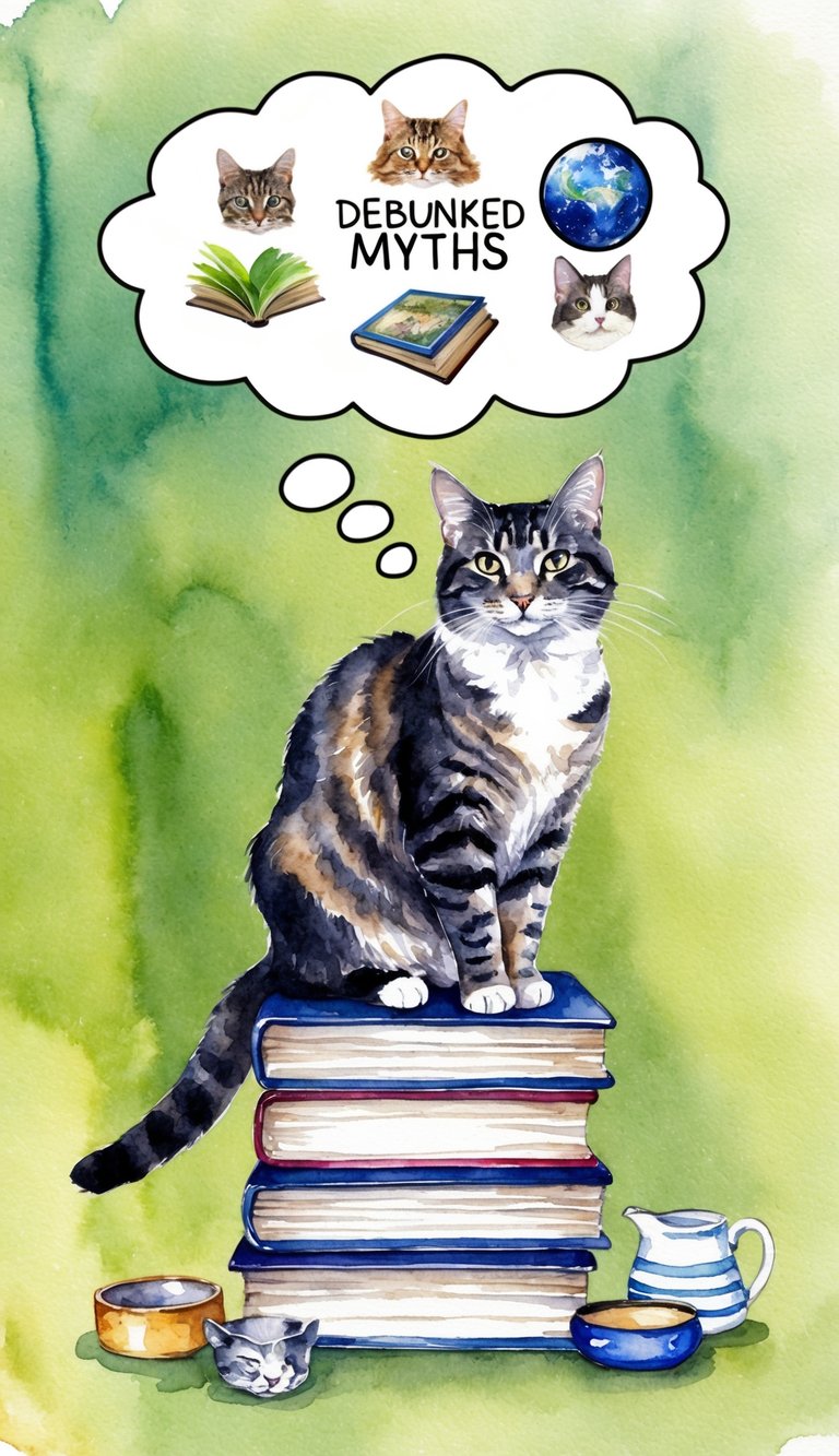 A cat confidently perches atop a stack of books, surrounded by various cat-related objects. A thought bubble above the cat's head contains images of debunked myths