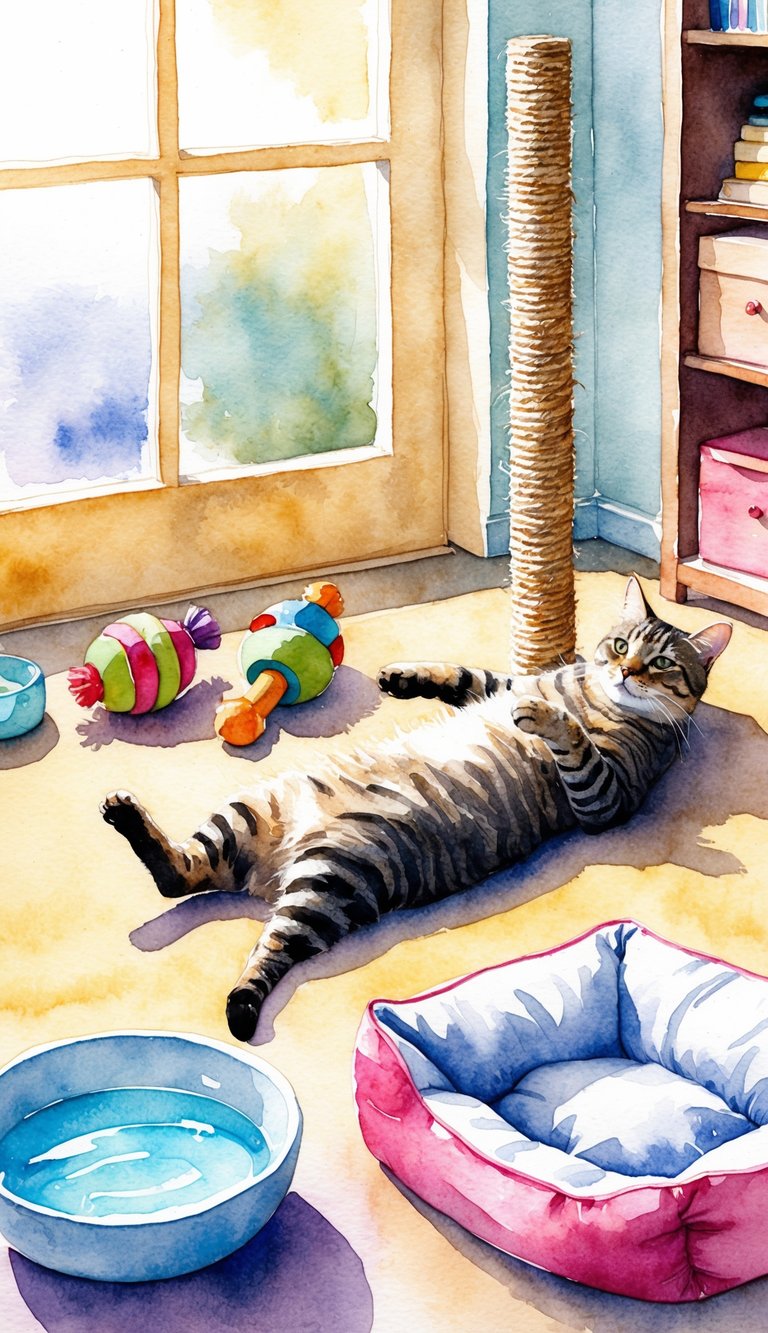A cat lounging in a sunlit room, surrounded by toys and a scratching post. A bowl of fresh water and a cozy bed are nearby
