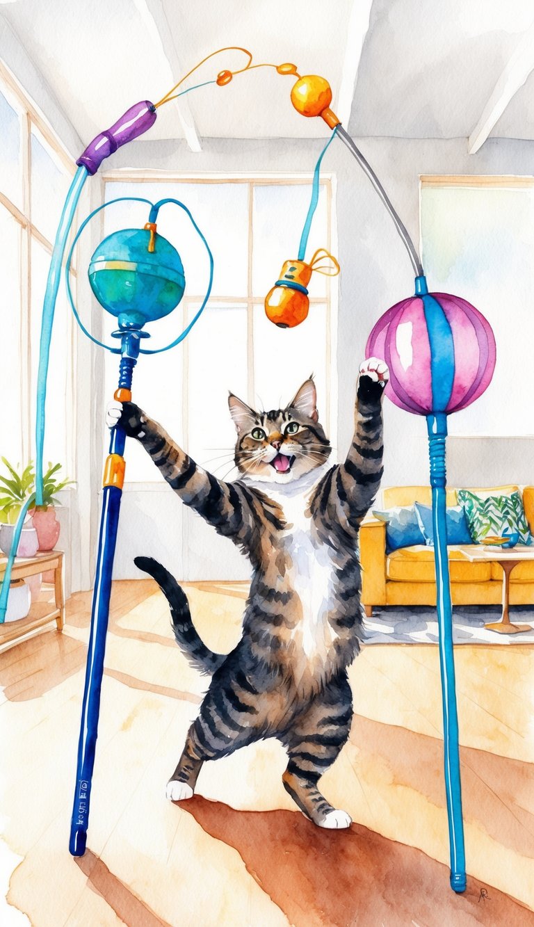 A cat enthusiastically playing with various interactive wand toys in a bright, spacious room with plenty of natural light