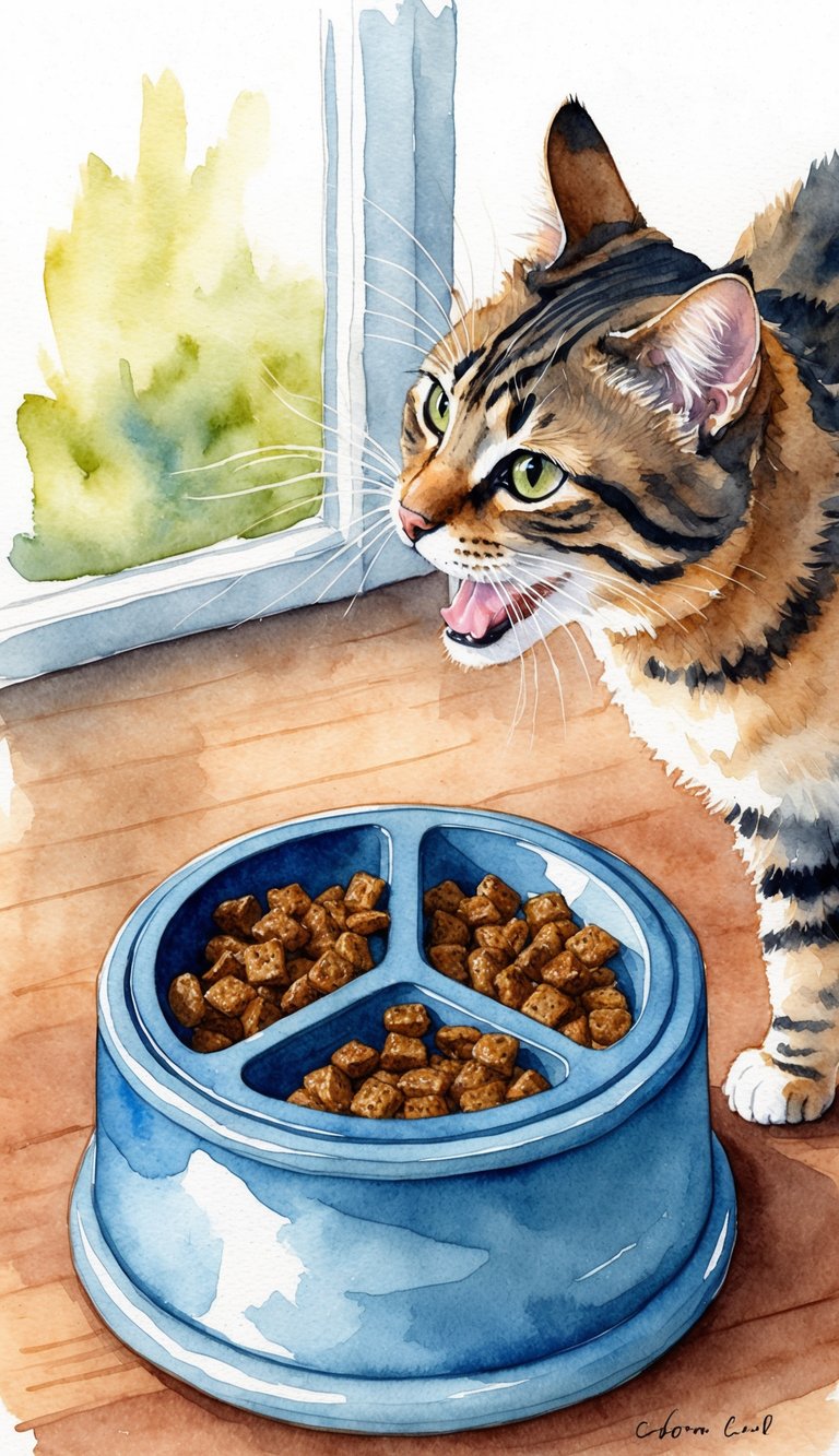 A cat eagerly interacts with a puzzle feeder filled with kibble during mealtime, showcasing excitement and engagement