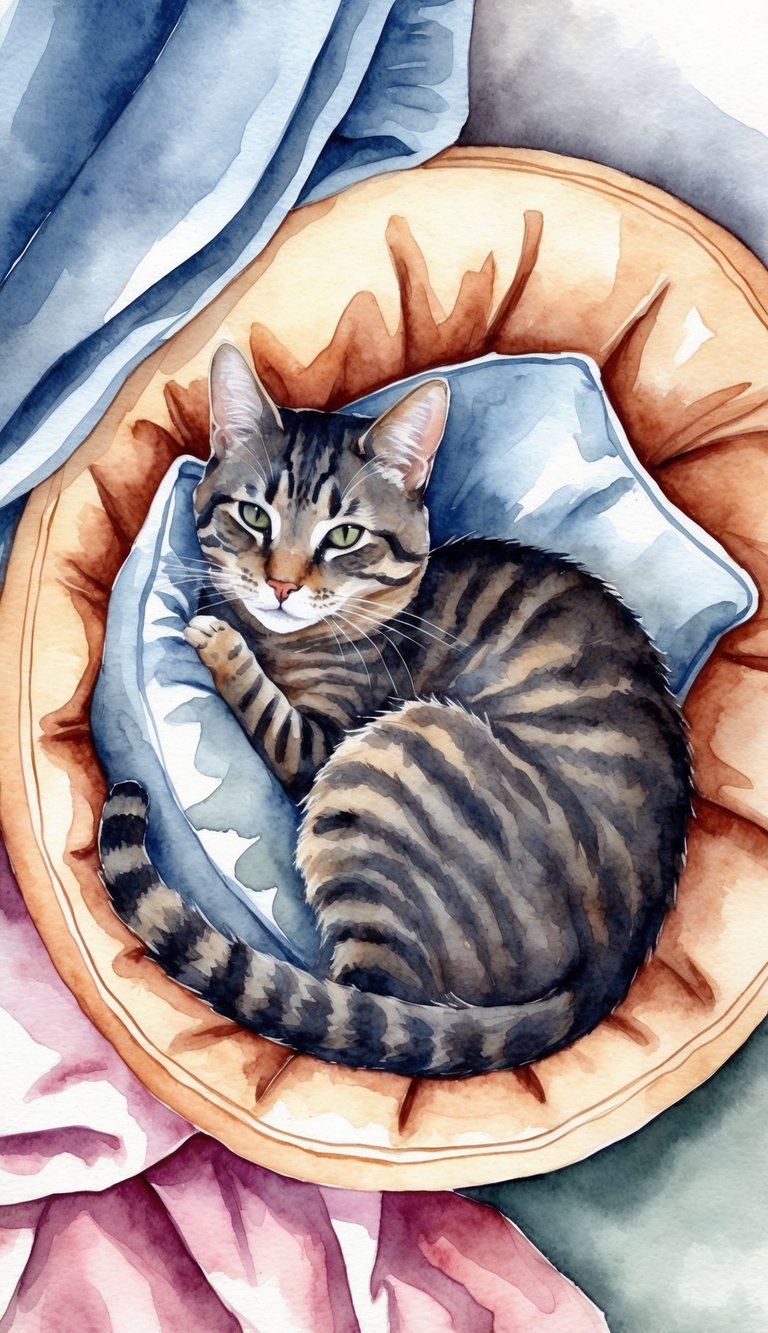A cat curled up in a soft, warm nook surrounded by blankets and pillows, feeling safe and content