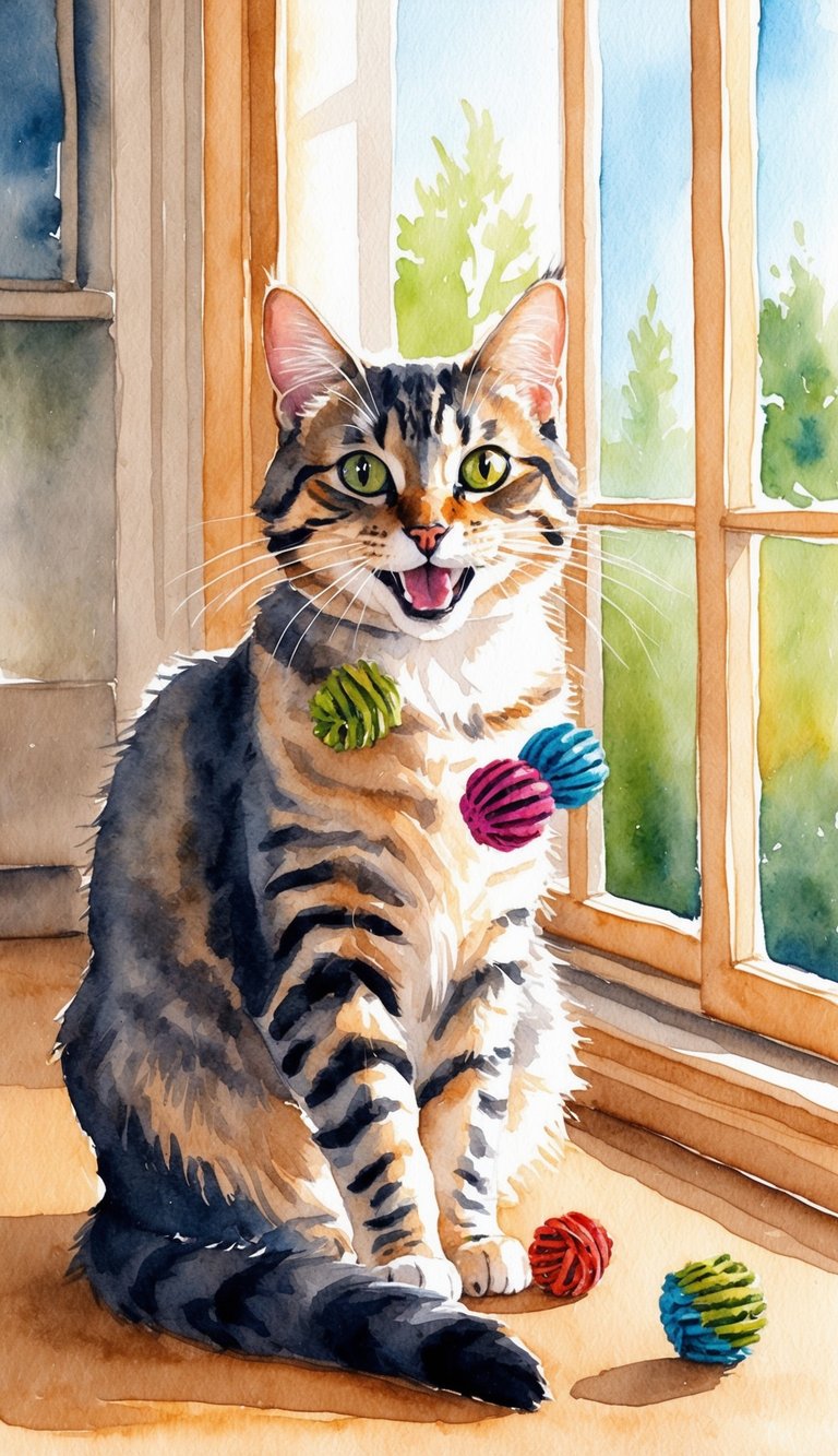 A cat happily playing with catnip toys in a sunlit room