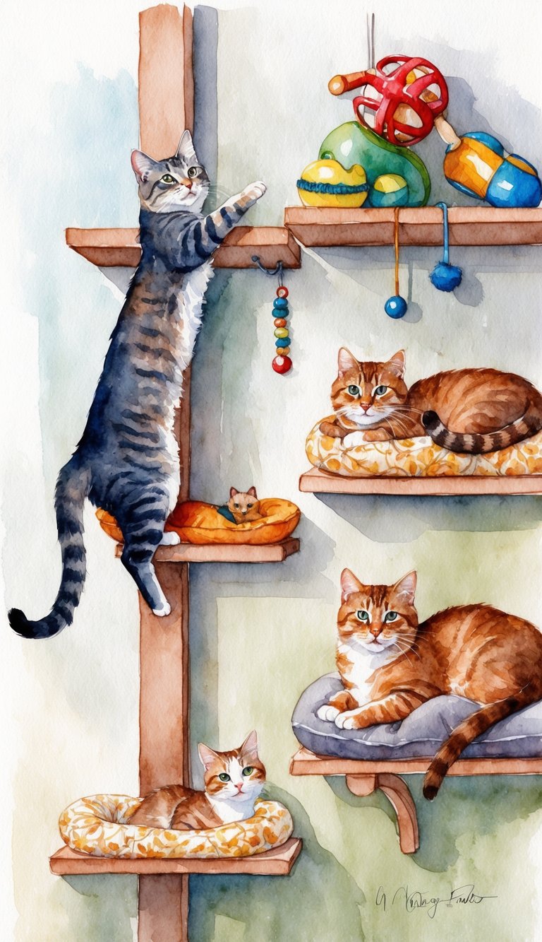 A cat happily climbing vertical shelves with various toys and cozy resting spots