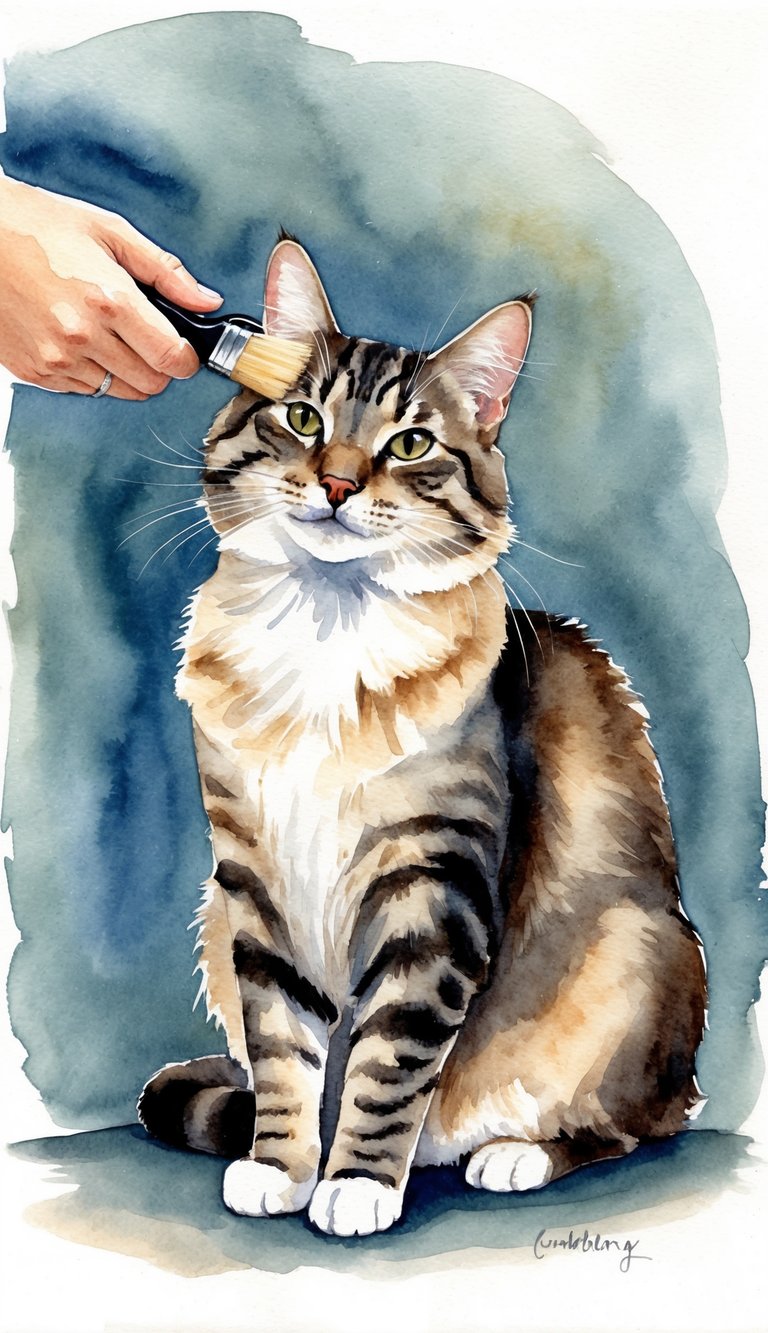 A cat is being gently brushed with a soft brush, its fur smooth and shiny, as it sits contentedly