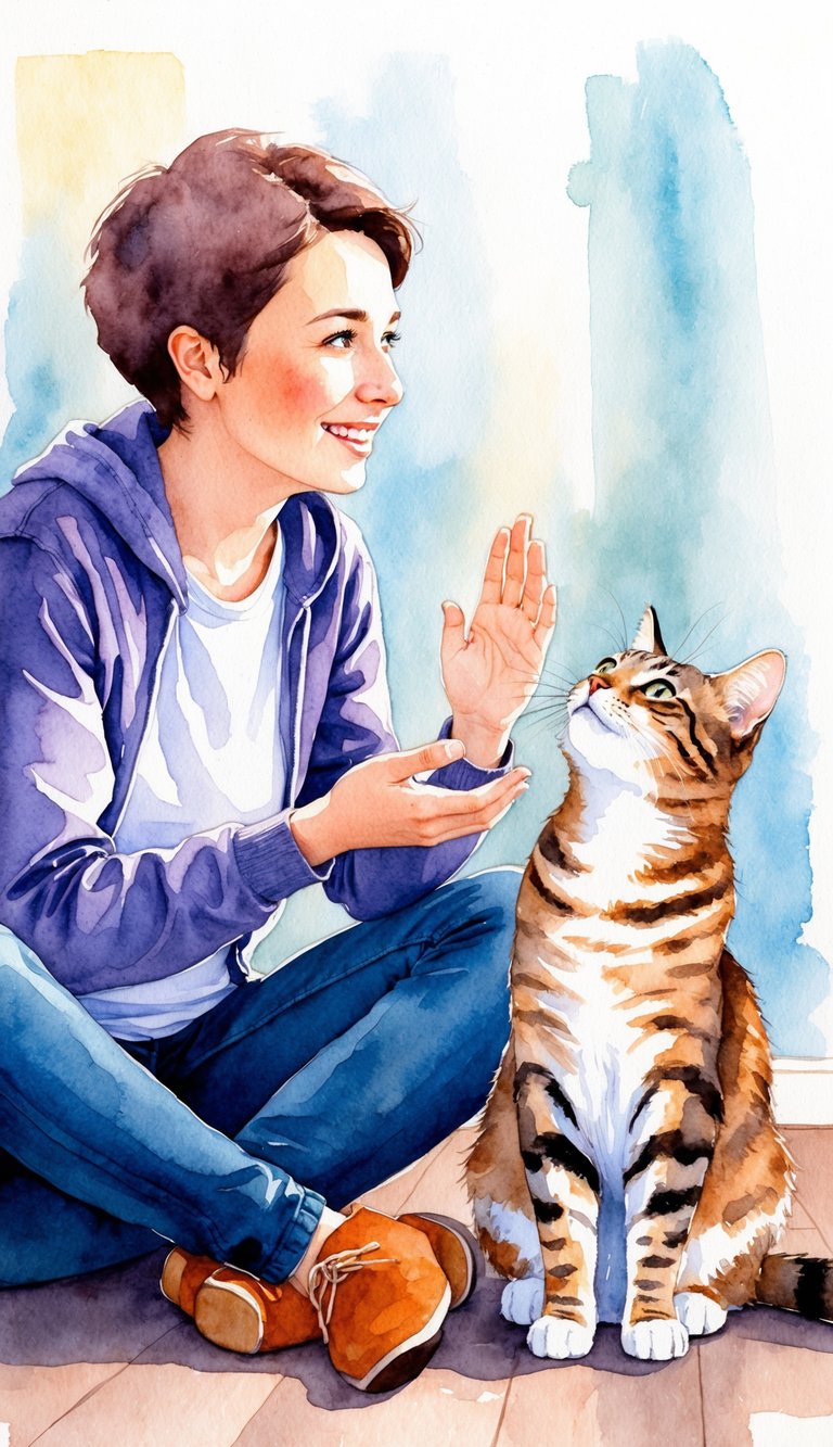 A person sitting on the floor, engaged in conversation with their cat, who is looking up at them with a content expression