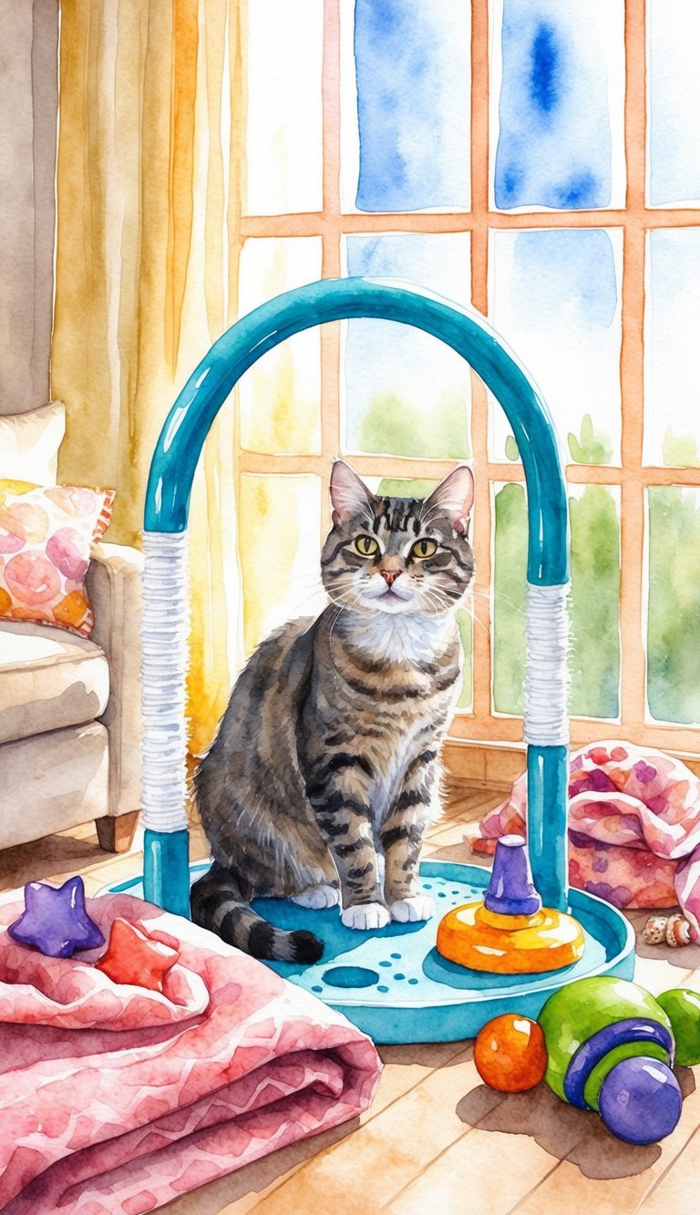 A cat enjoying the self-grooming arch toy surrounded by cozy blankets and toys in a sunny room