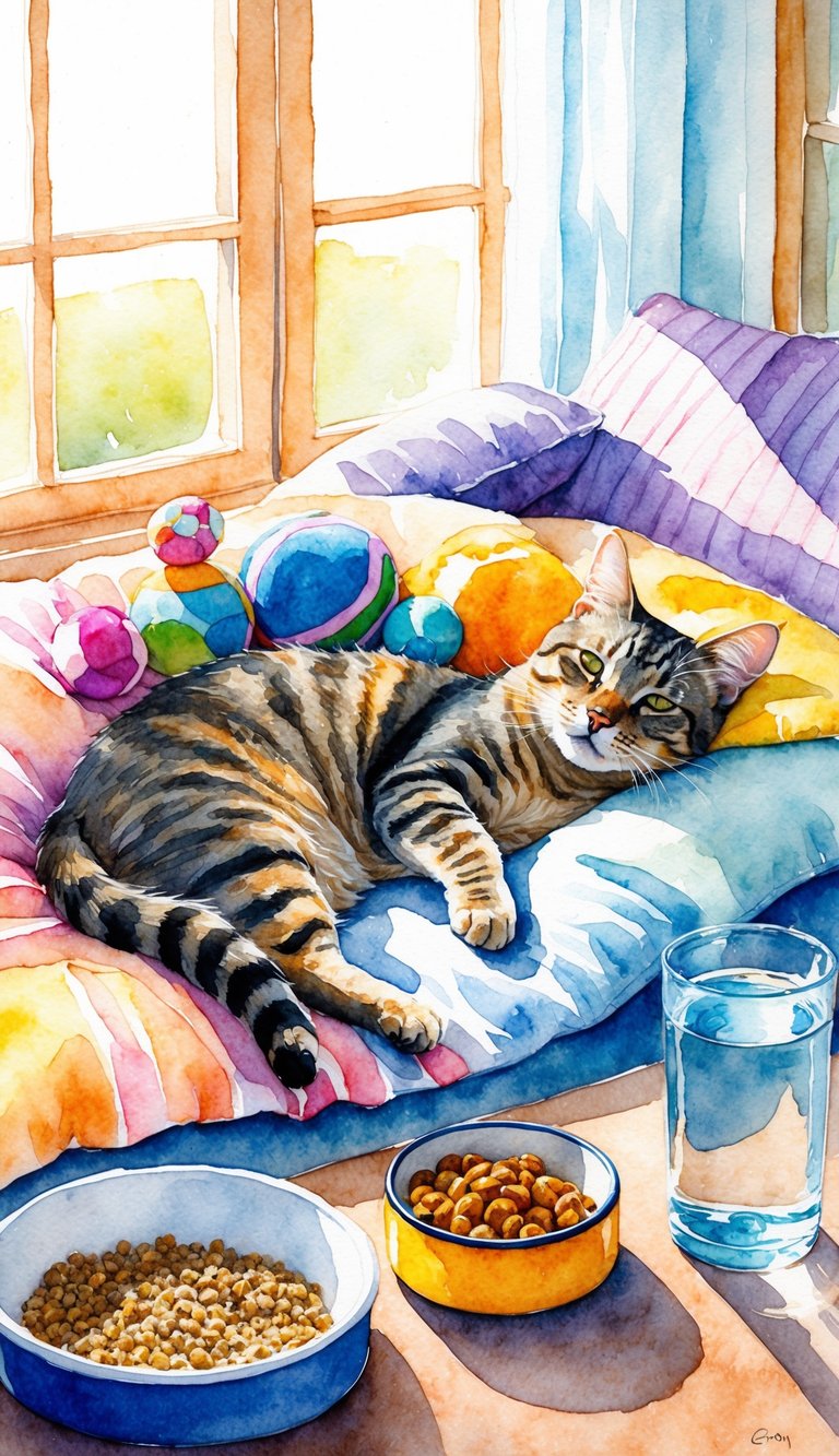 A contented cat lounging in a sunlit room, surrounded by toys and cozy bedding, with a full food dish and fresh water nearby