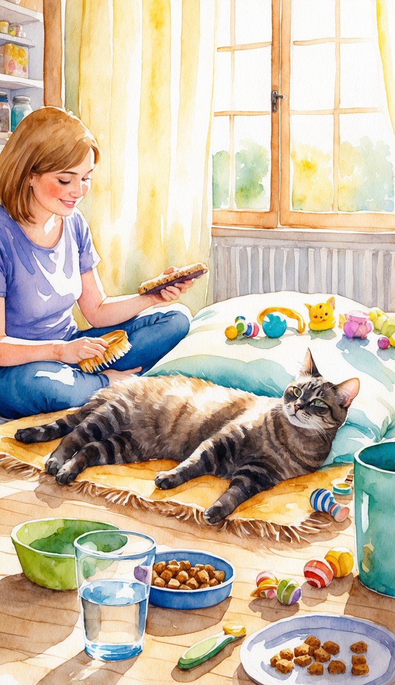 A contented cat lounges in a cozy sunlit room, surrounded by toys and treats, as its owner brushes its fur and provides fresh water and food