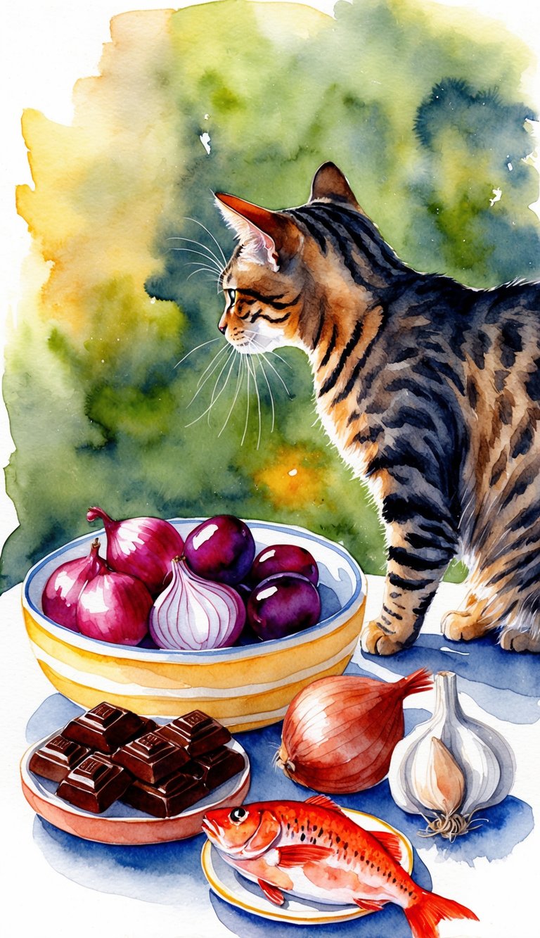 A cat turning away from a bowl of chocolate, onions, grapes, garlic, and raw fish