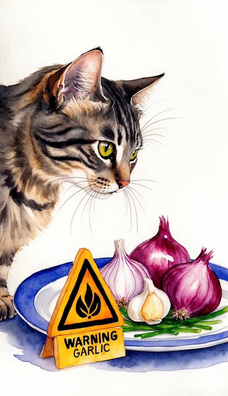 A cat sniffing a plate of onions and garlic with a warning sign next to it