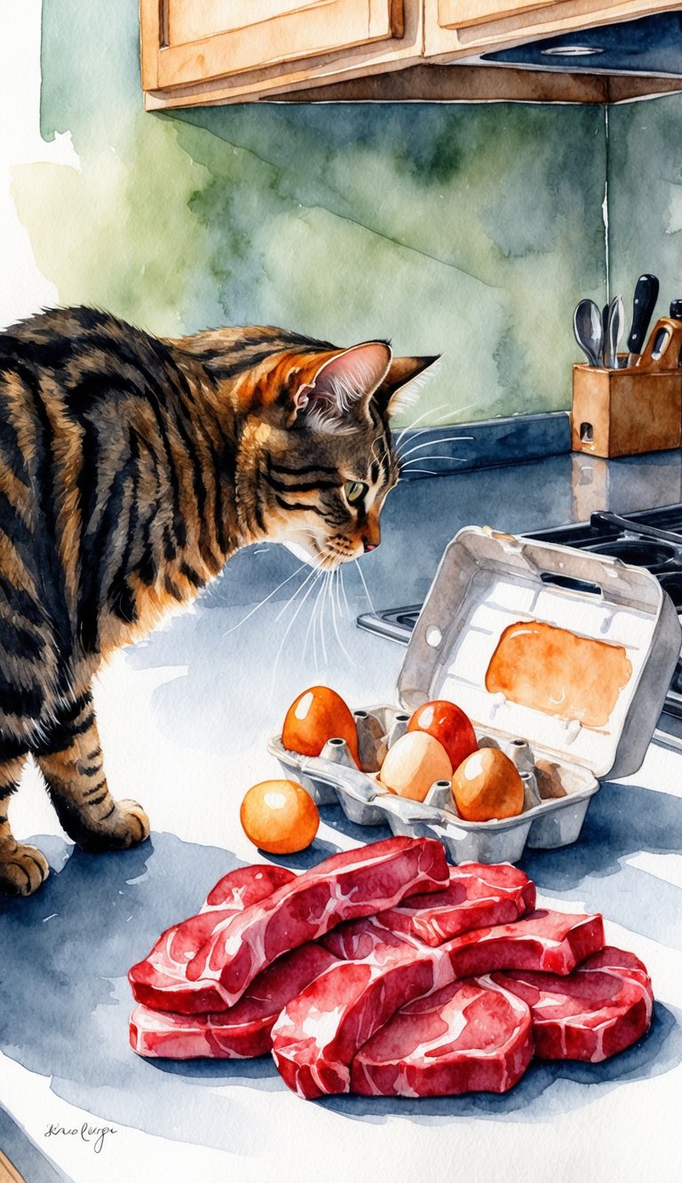A cat sniffing at a spilled carton of raw eggs and a pile of raw meat on a kitchen counter