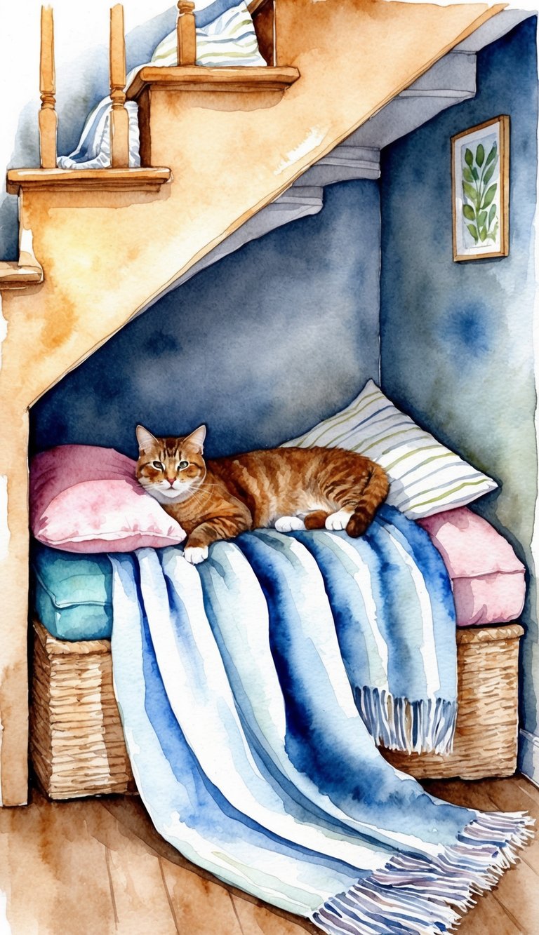 A cozy nook under the staircase, filled with soft blankets and a small bed, where a cat lounges in peace