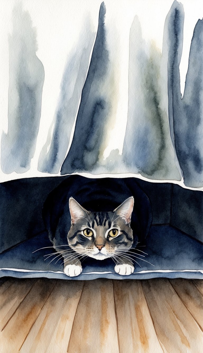 A dark and quiet space under the bed, perfect for a cat's secret hiding spot