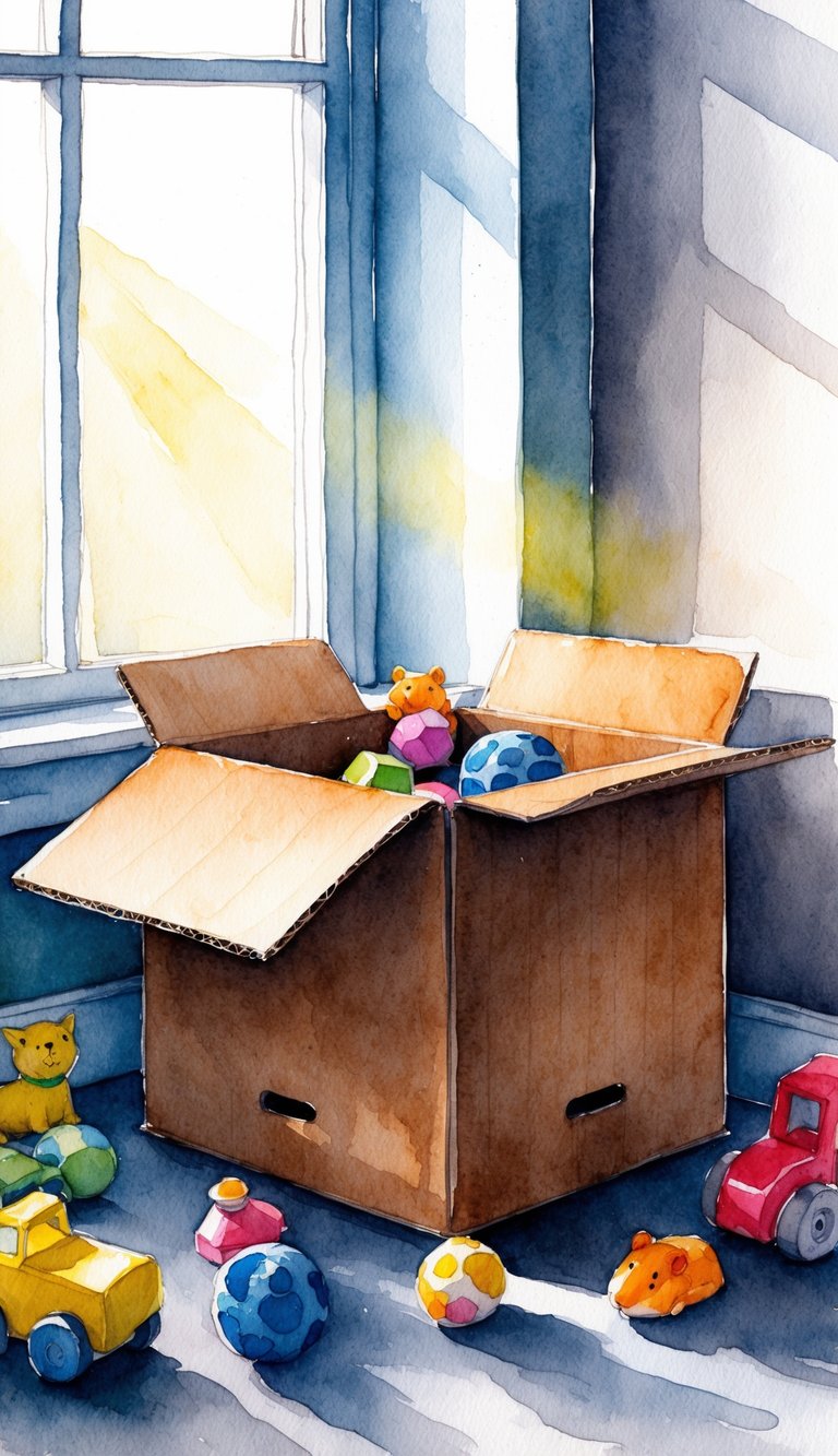 A cozy cardboard box nestled in a corner, surrounded by scattered toys and a sunbeam peeking through the window