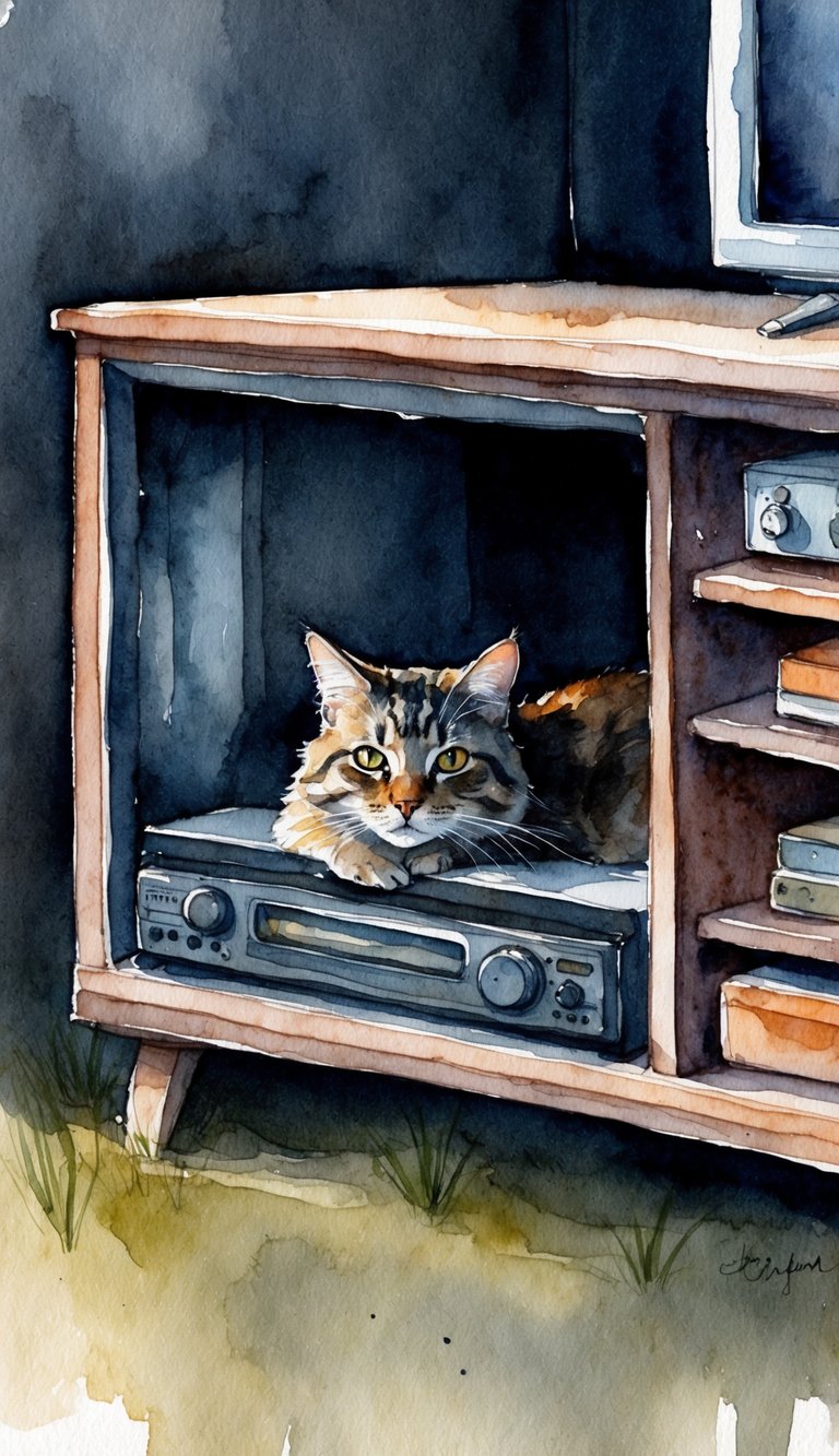 A cat nestled behind a cluttered TV stand, surrounded by darkness and solitude