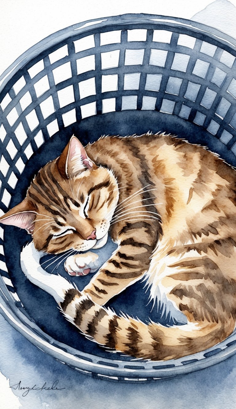 A cat curled up inside an empty laundry basket, eyes closed, peacefully napping