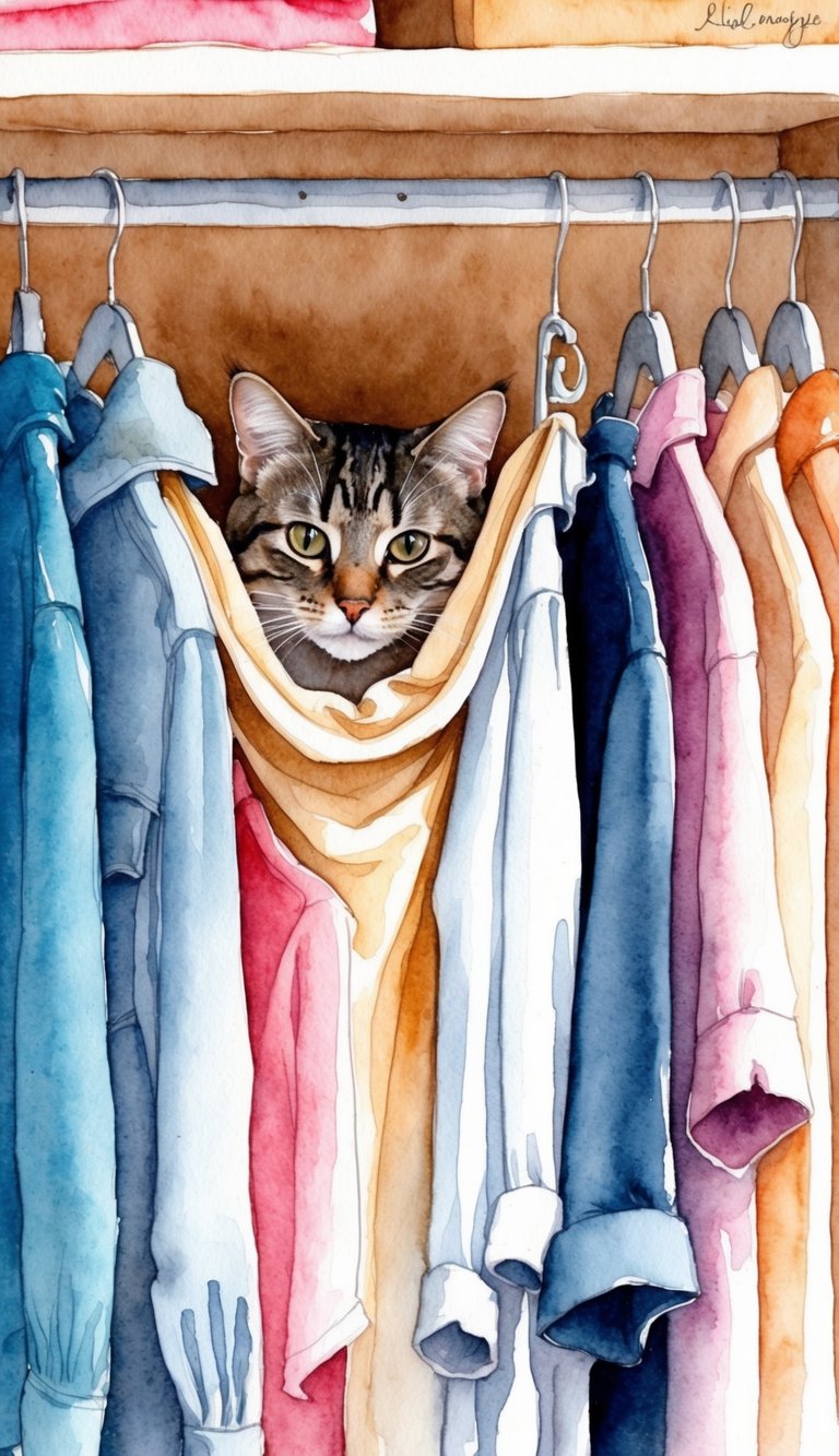 A cat nestled behind hanging clothes in a closet, creating a cozy hiding spot like a little fort