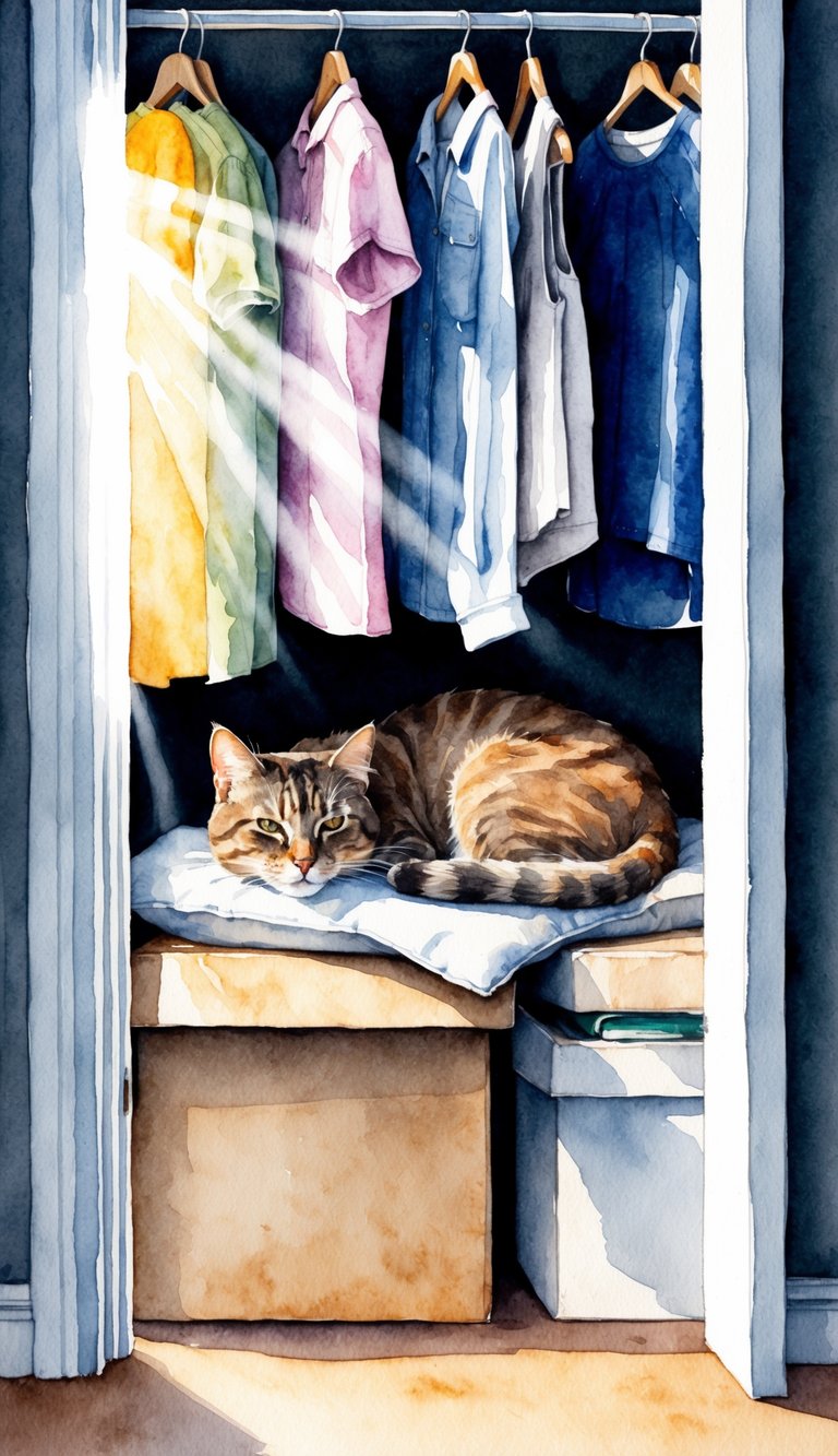 A cat nestled in a cozy, dark corner of a closet, surrounded by hanging clothes and boxes. Sunlight filters through a crack in the door, illuminating the feline's contented expression