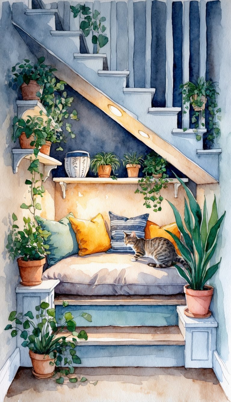 A cozy, tucked-away nook under a staircase, with soft cushions and dim lighting, surrounded by shelves and plants for a cat to explore