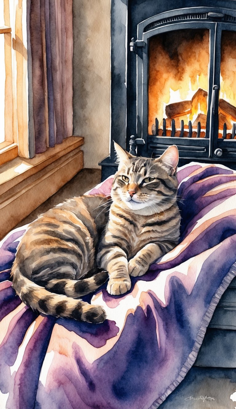 A cat snuggles on a cozy blanket next to a warm fireplace, gazing adoringly at their owner while purring contentedly