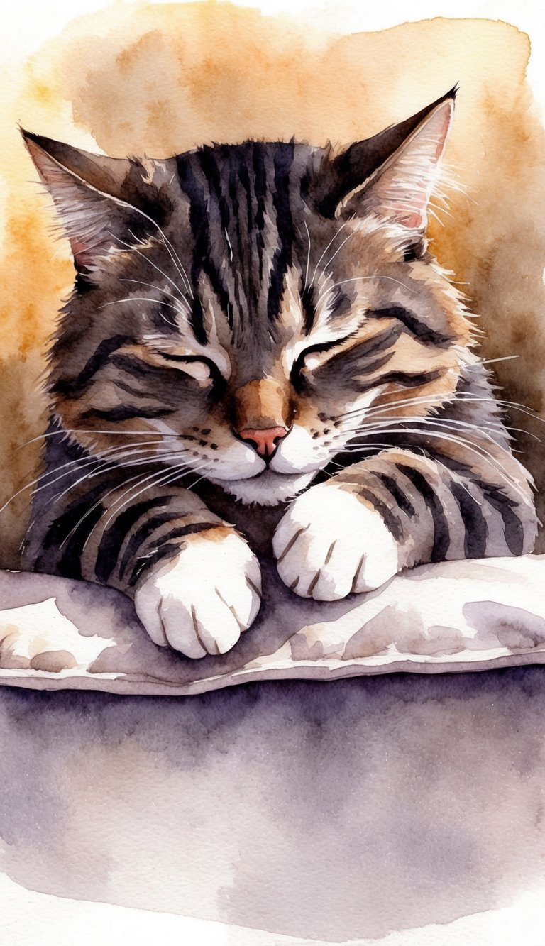 A cat pressing its paws into a soft surface, eyes closed in contentment, surrounded by a warm, cozy atmosphere