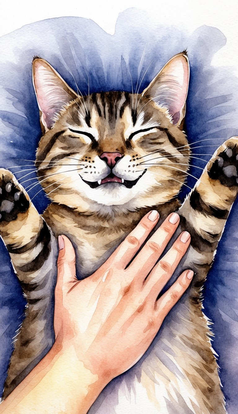 A cat lying on its back, eyes half-closed, purring loudly as it's being petted, with a look of total contentment on its face