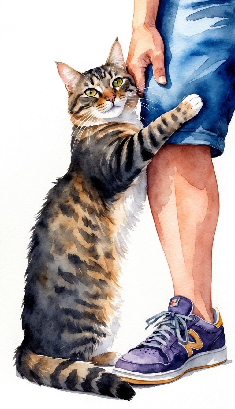 A cat rubbing against a person's leg, claiming them as their favorite human