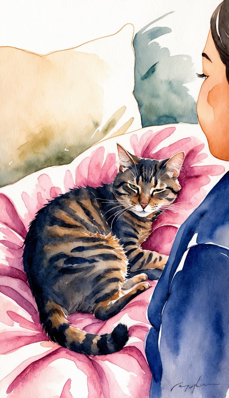 A cat curled up on a cozy blanket near a person, purring contentedly