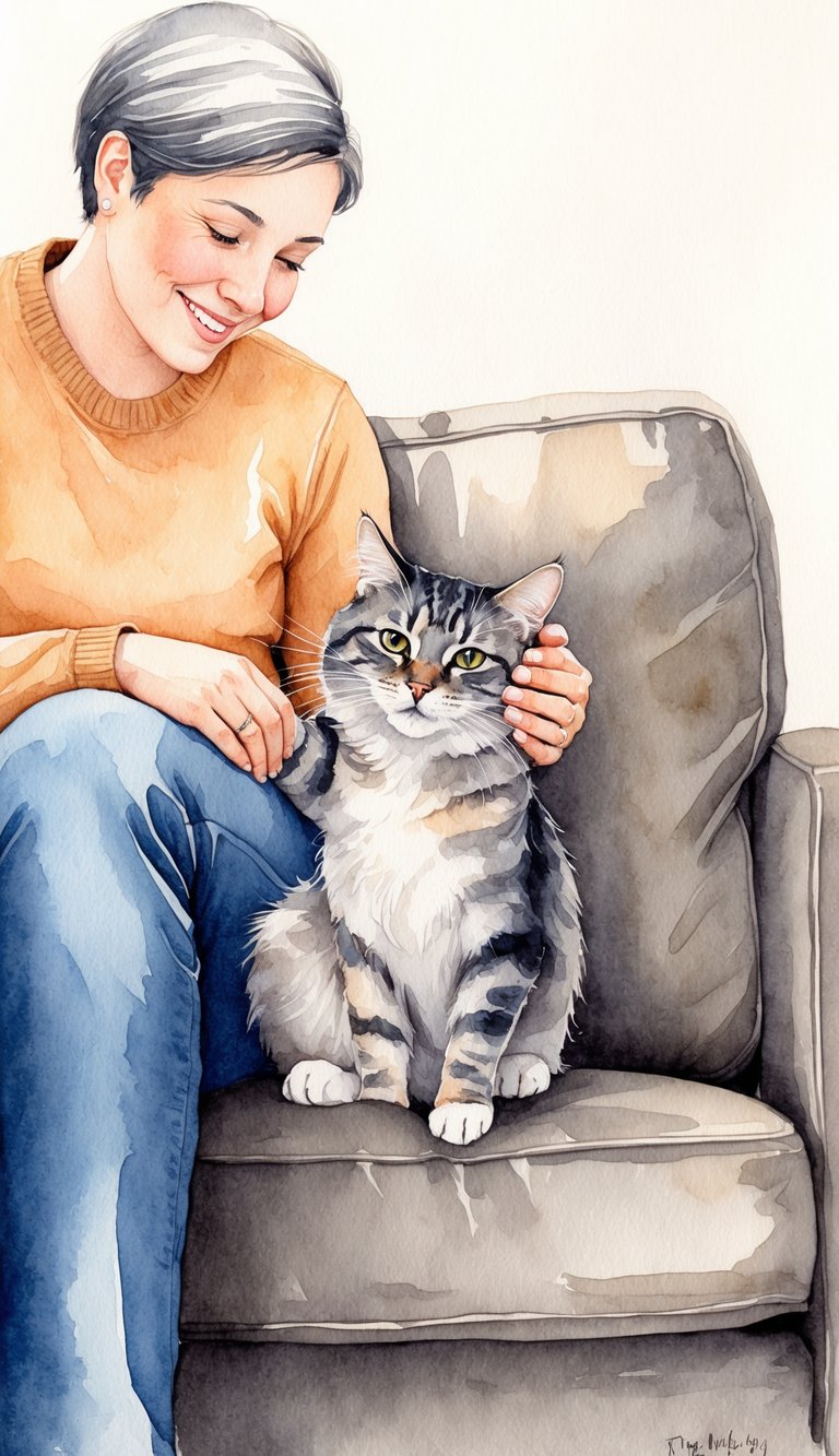 A cat nuzzling against a person's leg as they sit on a couch, purring contentedly. The person is looking down at the cat with a smile, while the cat gazes up at them affectionately