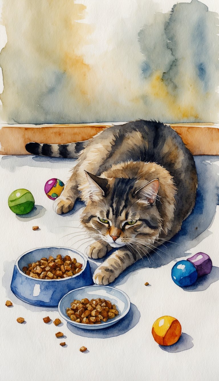 A cat lying listlessly next to a half-eaten food bowl, with droopy ears and a dull fur coat, surrounded by scattered toys and uninterested in play