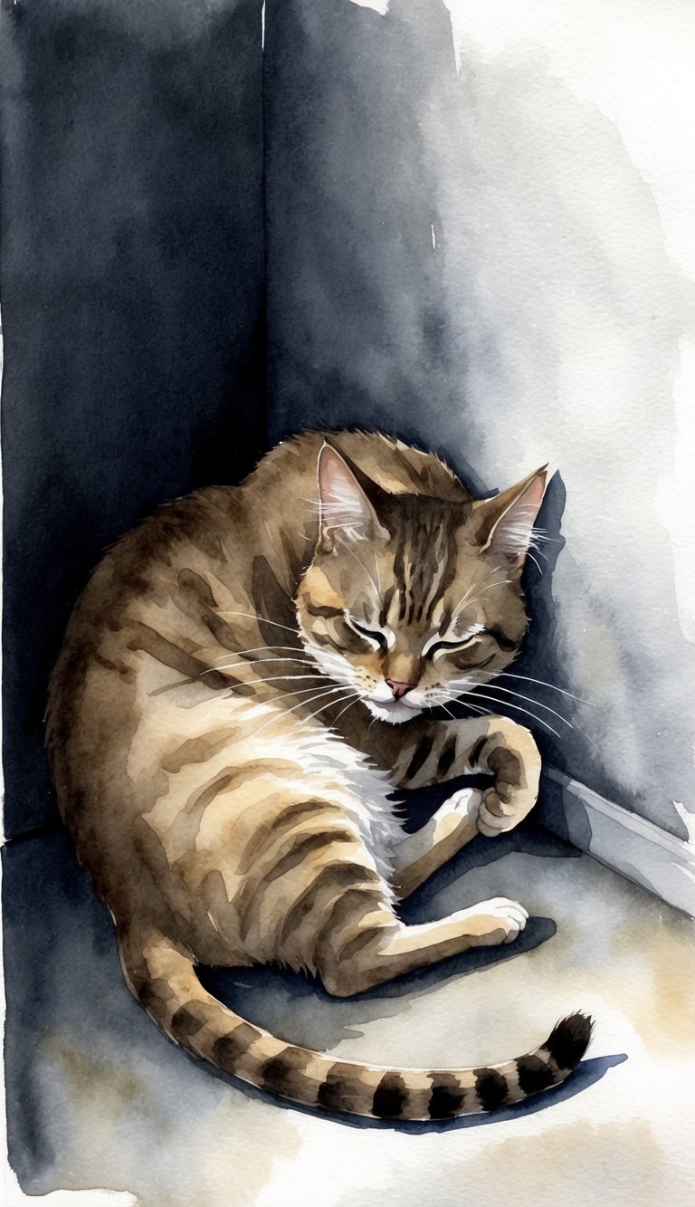 A cat curled up in a shadowy corner, ears drooping, with half-closed eyes and a pained expression. Its tail is limp and its fur appears dull and unkempt
