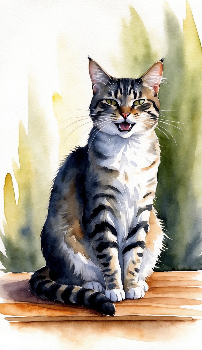 A cat sitting alone, ears flattened and tail twitching, meowing loudly and constantly