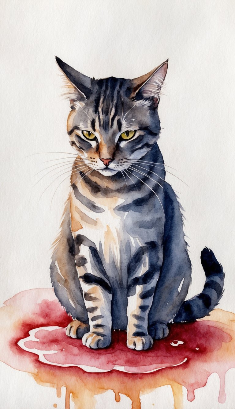 A cat with drooping ears and a hunched posture, surrounded by vomit or diarrhea