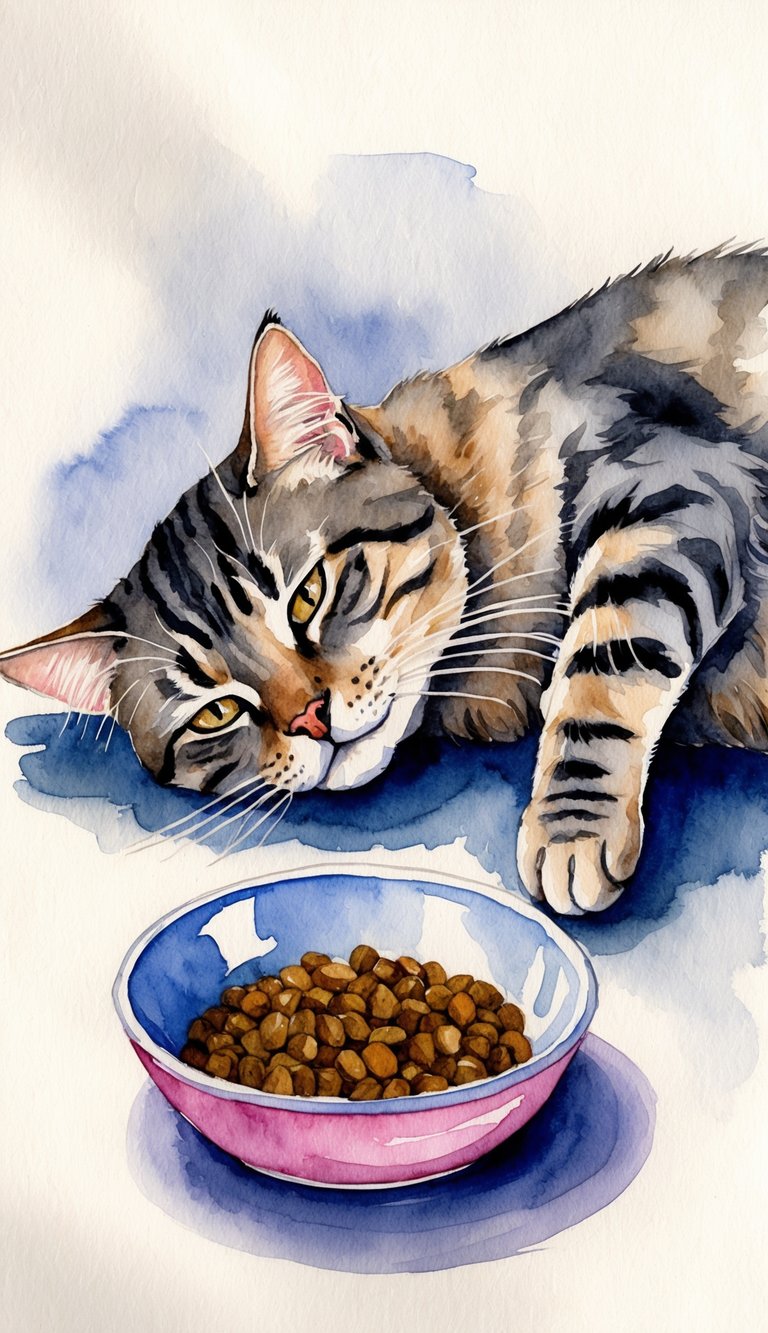 A cat lying listlessly next to its untouched food bowl, with droopy ears and a slightly hunched posture