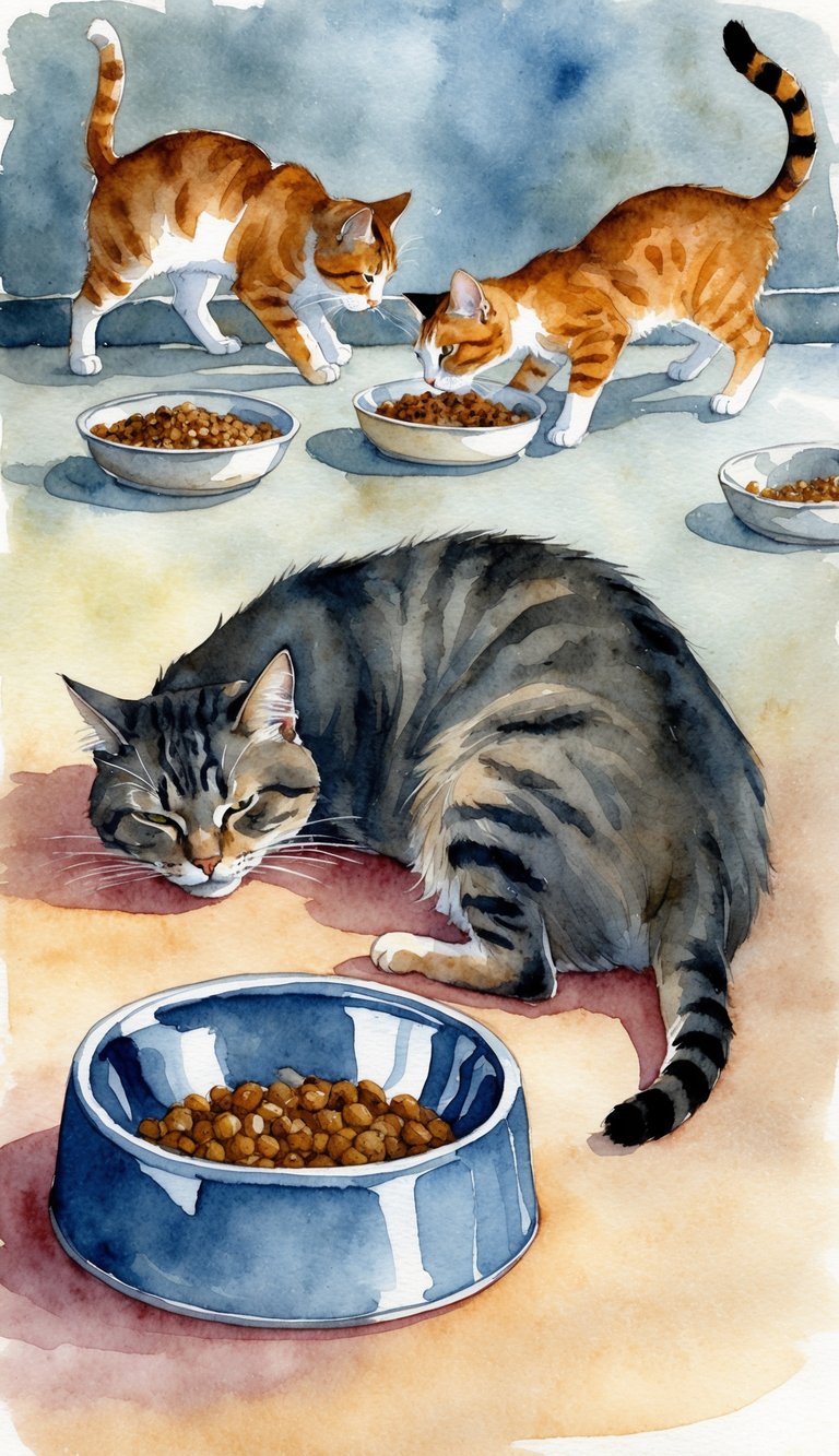 A cat lying lethargically beside an untouched food bowl, with a hunched posture and dull eyes, while other cats play and eat nearby