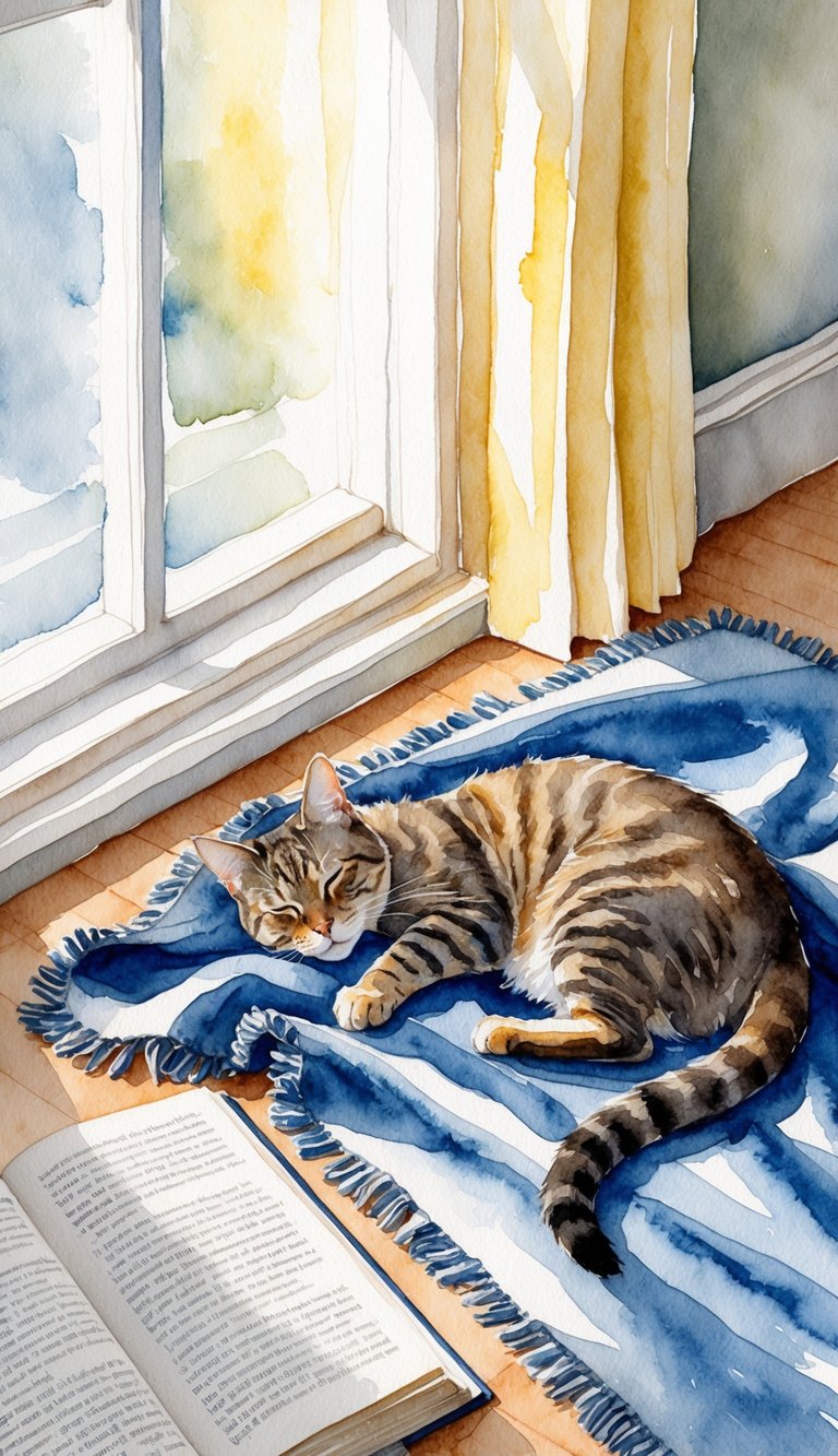 A cat napping on a cozy blanket next to an open book, while a sunbeam streams through the window onto the floor