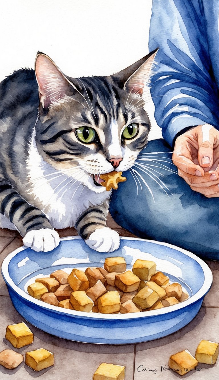 A cat eagerly eats treats from a dish on the floor after playtime, looking up at the person with trust and contentment
