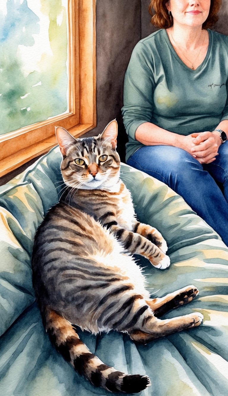 A cat lounging in a cozy spot, with its tail relaxed and ears forward, while its owner sits nearby, mirroring the cat's calm and open body language