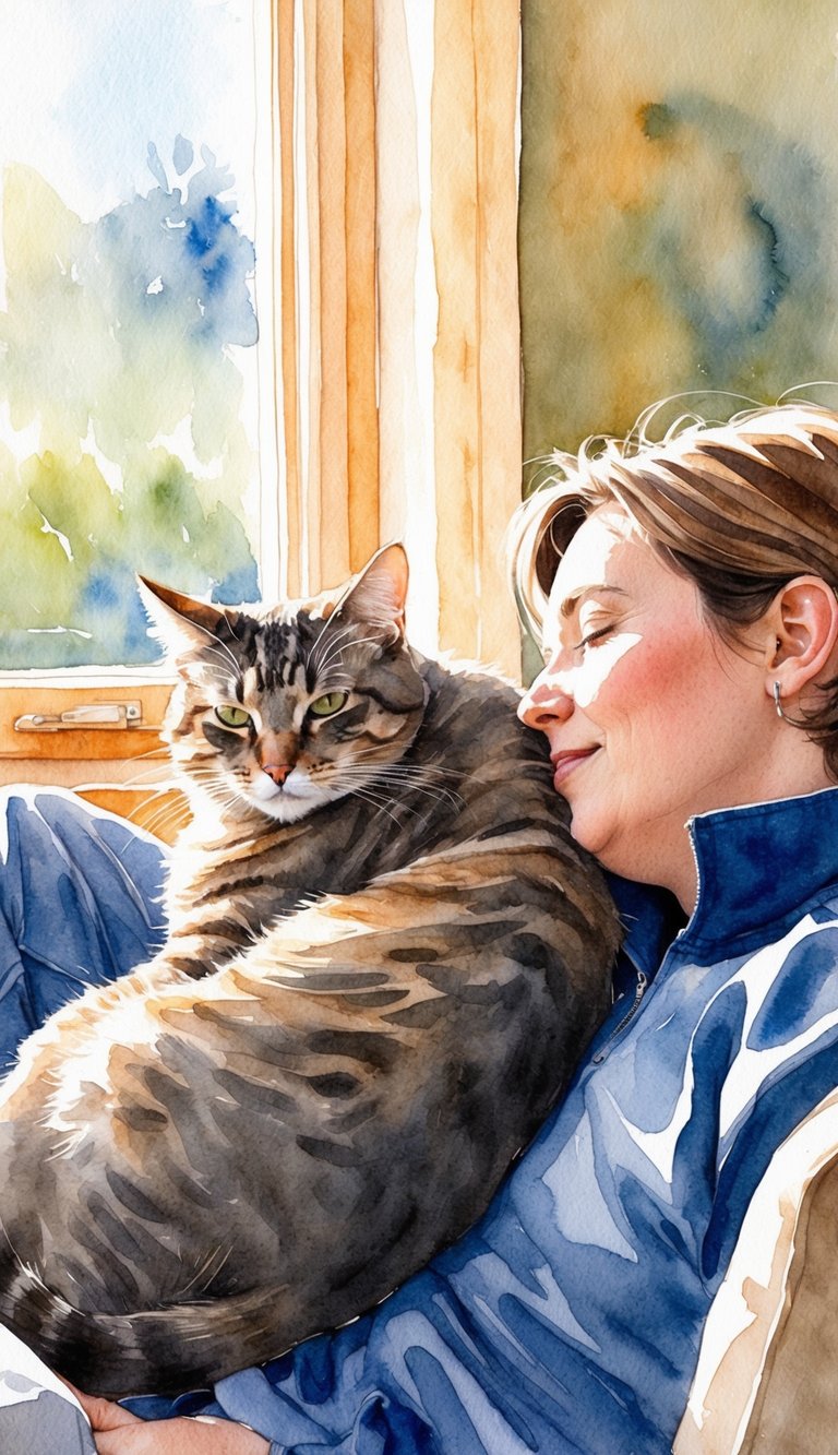 A cat and a person sitting close together, the cat nuzzling against the person's side as they relax together in a cozy, sunlit room