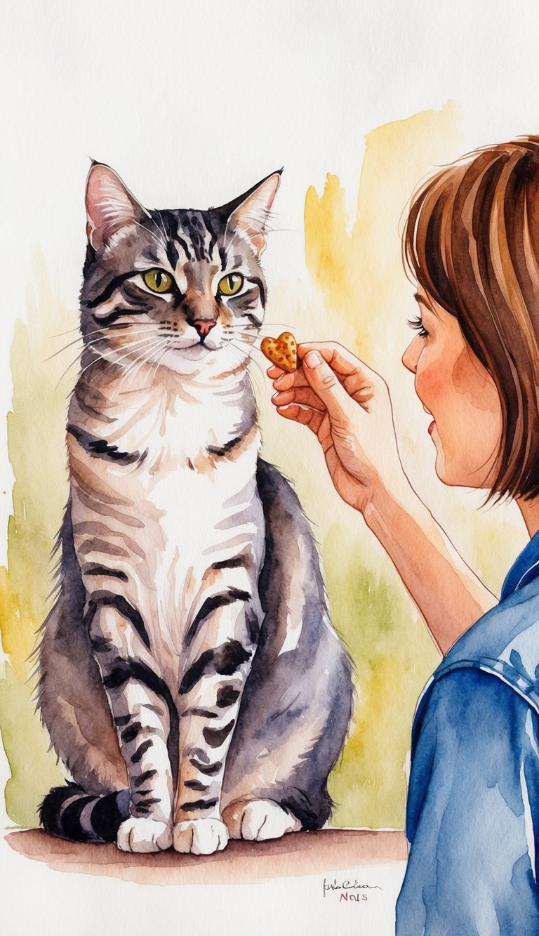 A cat sitting calmly while receiving a treat or gentle praise from its owner