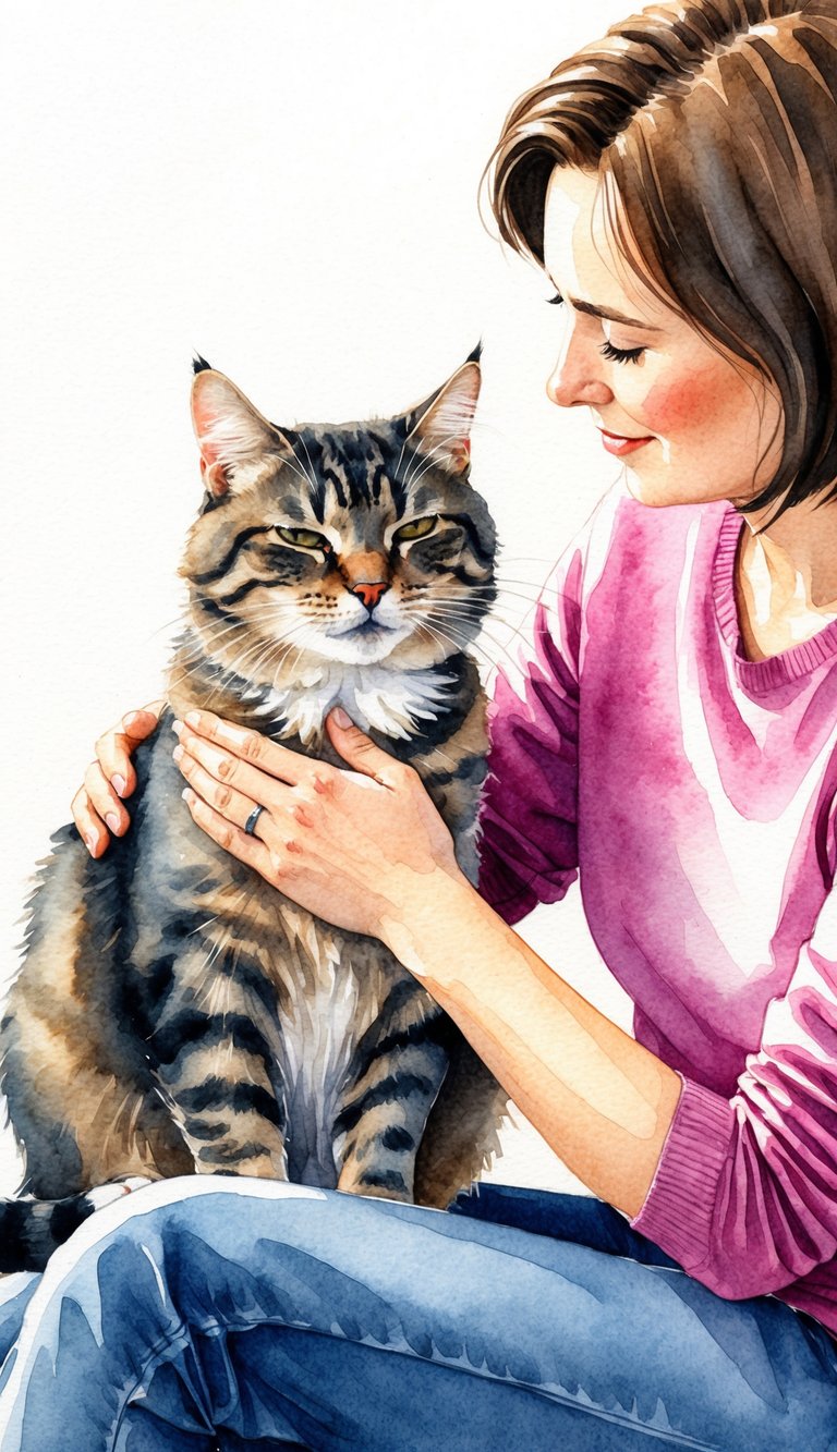 A cat and its owner sitting together, the cat purring contentedly as the owner gently strokes its fur. The two share a quiet moment of bonding and connection