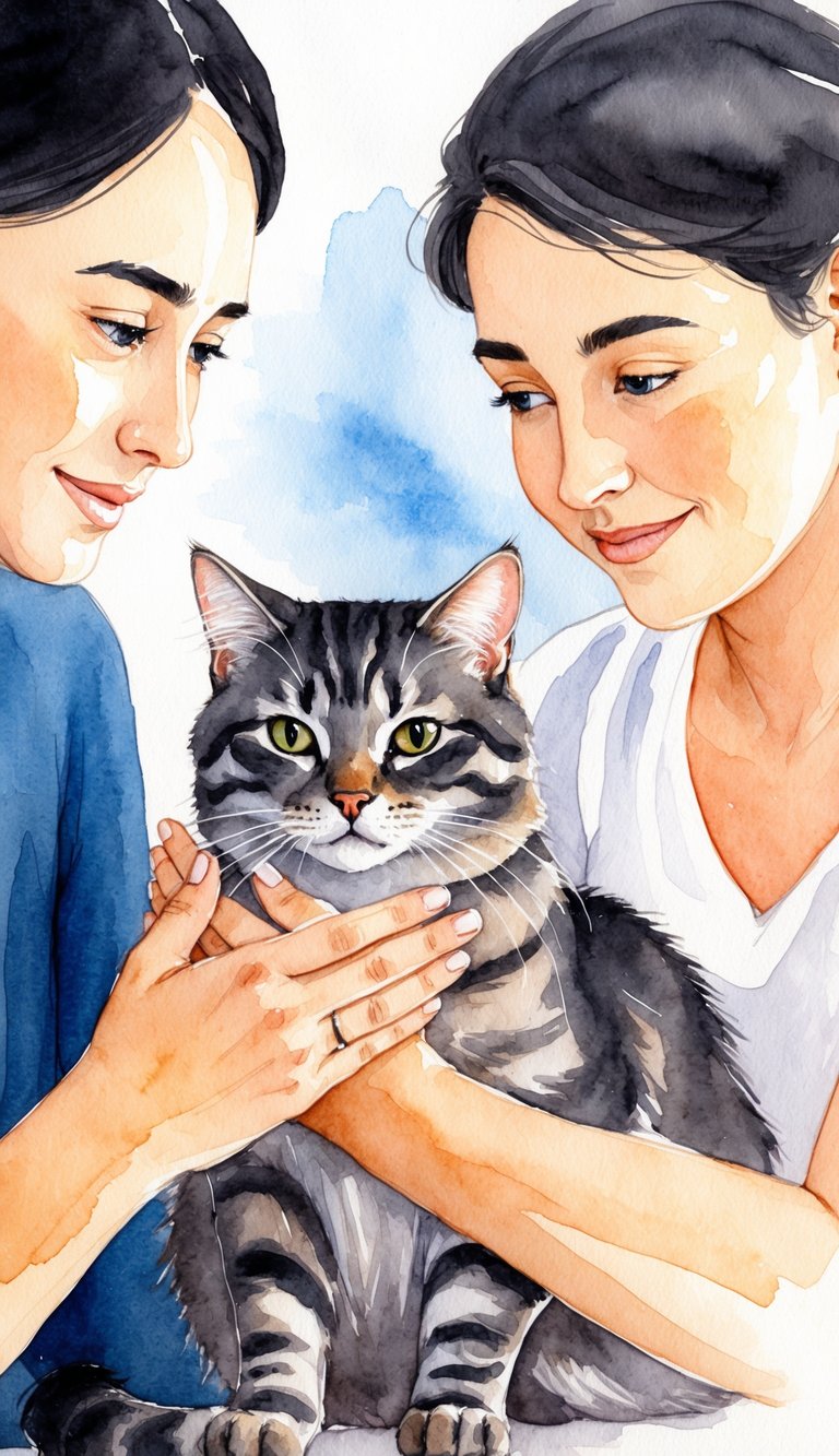A cat and its owner sitting together, making eye contact and gently petting the cat. The cat is relaxed and content, showing trust and connection