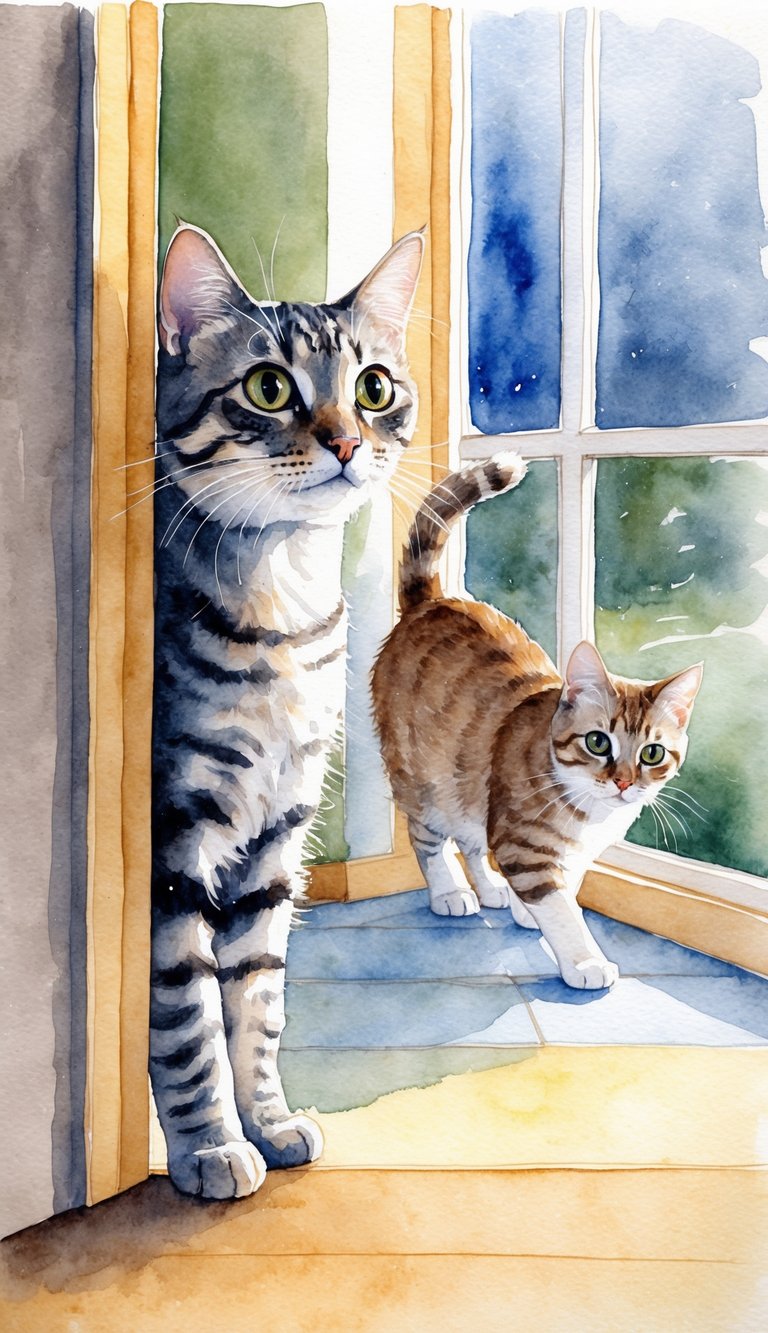 A curious cat follows its owner around the house, peeking around corners and investigating new surroundings with wide eyes and a twitching tail