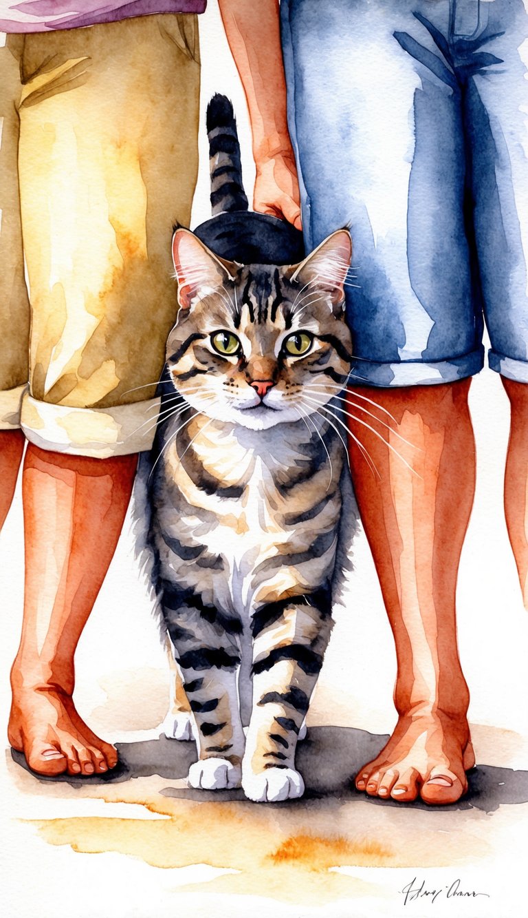 A cat following its owner with adoring eyes, rubbing against their legs and purring loudly