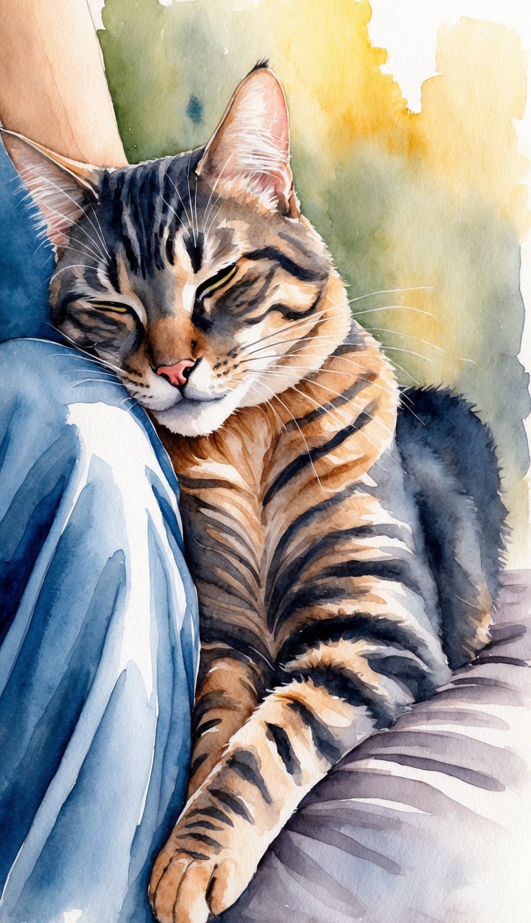 A cat snuggled closely to its owner, purring contentedly while nuzzling against their leg