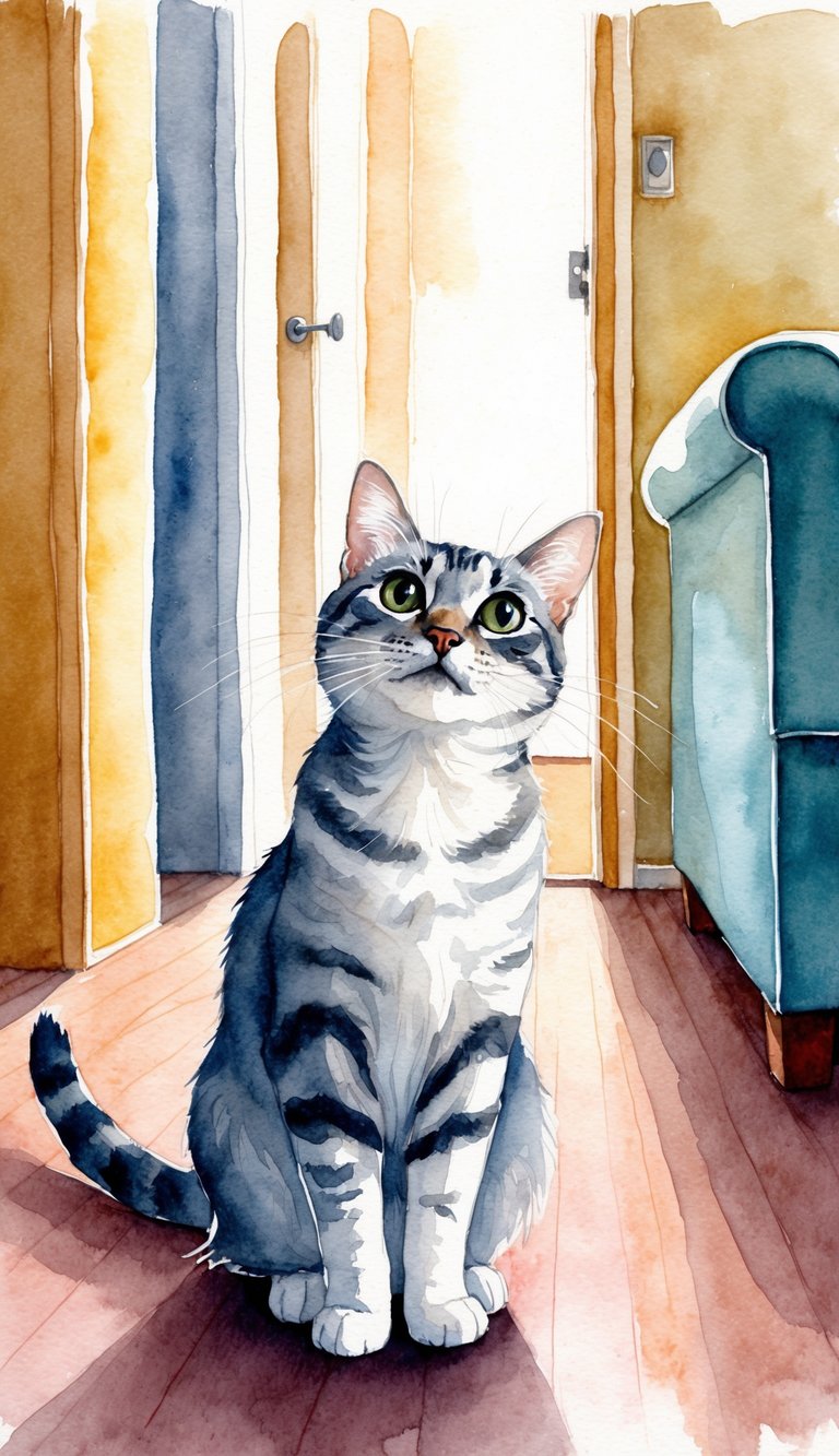 A cat follows its owner from room to room, gazing up with big, pleading eyes