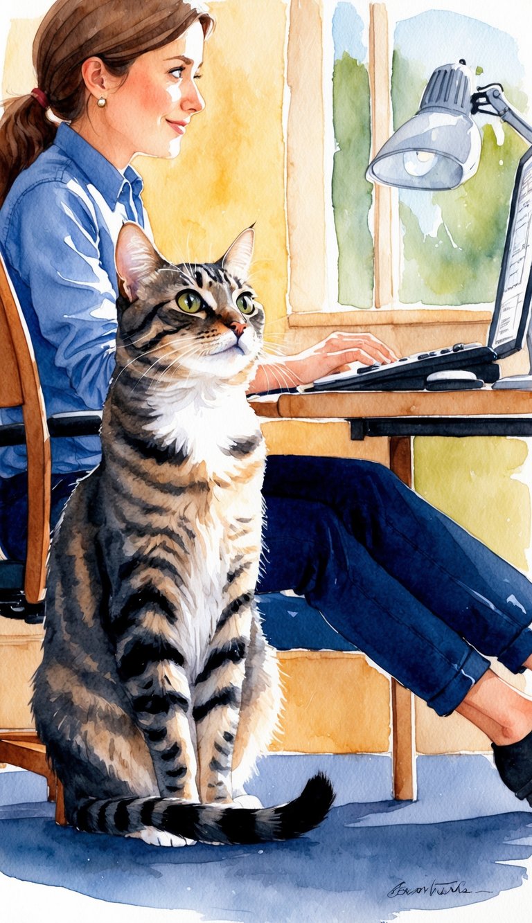 A cat sitting at the feet of a person working at a desk, gazing up at them with a curious and affectionate expression